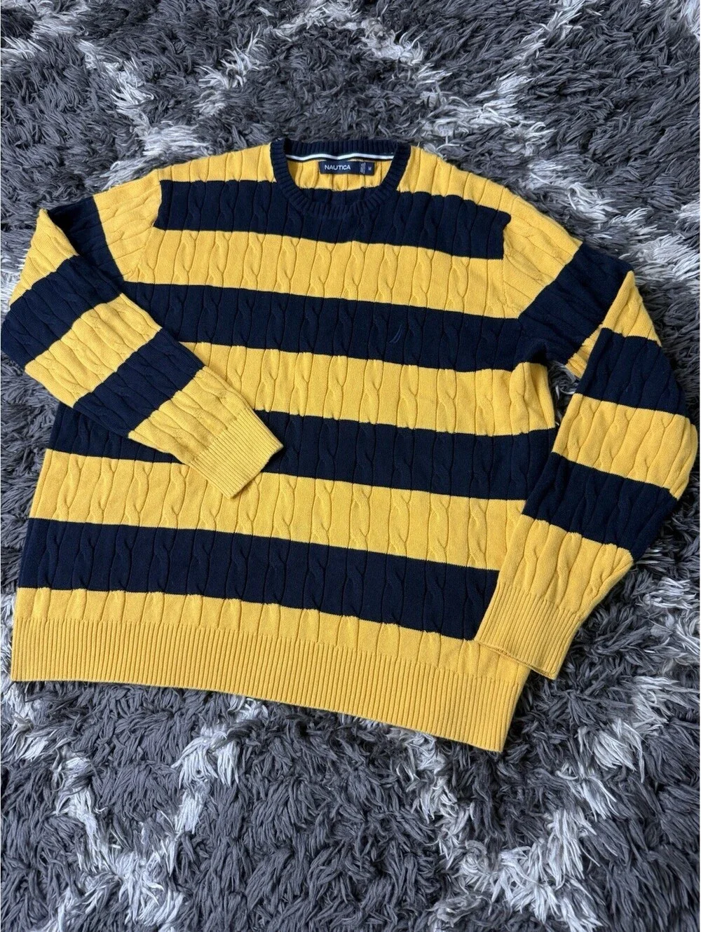 Nautica Men Medium Cable Knit Sweater Yellow Blue Striped Medium Crewneck